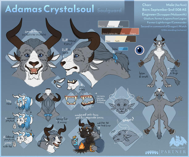 Mini Reference - 2 mini fullbodies (front/back), 2 portraits, 1 mini portrait, 1 doodle, various close-ups/details